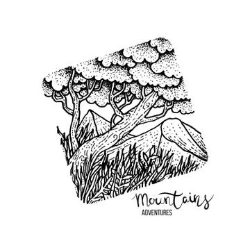 Hand drawn image of a mountain peak, engraving style, grunge textured Stock Illustration