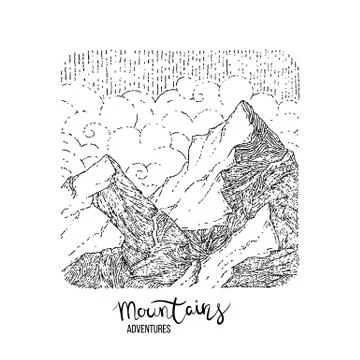 Hand drawn image of a mountain peak, engraving style, grunge textured Stock Illustration