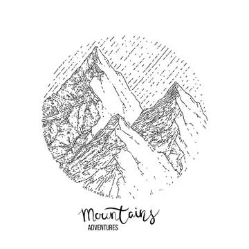 Hand drawn image of a mountain peak, engraving style, grunge textured Stock Illustration