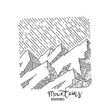 Hand drawn image of a mountain peak, engraving style, grunge textured Stock Illustration