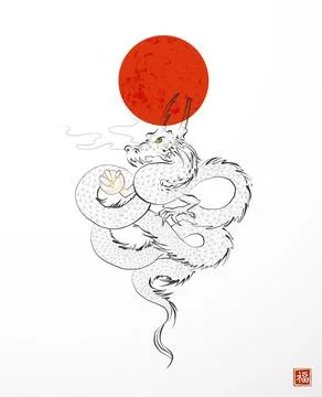 Hand drawn image of oriental dragon and big red sun on white background Illustrazione stock