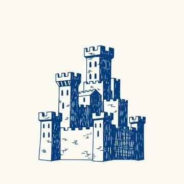 Hand drawn ink blue medieval castle illustration. Ilustración de archivo