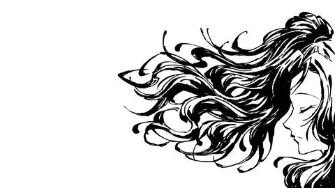 Hand drawn ink brush line art of a beautiful woman profile with flowing wavy Stock-Illustration