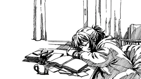 Hand drawn ink brush line art illustration of a student sleeping on a desk. Illustration