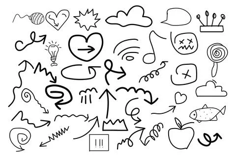 Hand-Drawn Ink Doodle Icon &amp; Arrow Collection Stock Illustration