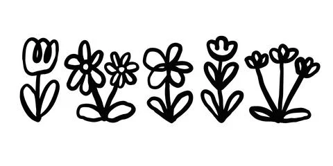 Hand drawn ink floral elements. Abstract Flower doodles. Stock Illustration
