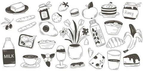 Hand drawn ink set of breakfast themed illustrations 스톡 일러스트