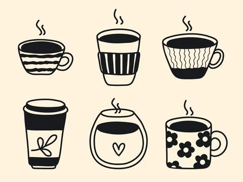Hand drawn ink set of coffee cups Stock Illustration