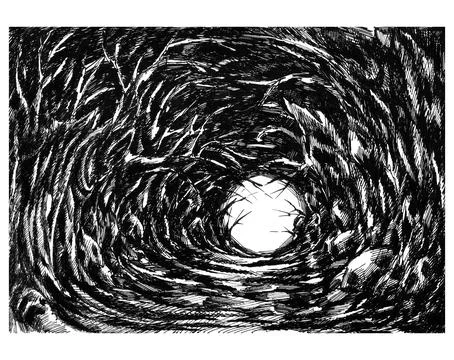 Hand-drawn ink sketch of a dark tunnel with light at the end Stock Illustration