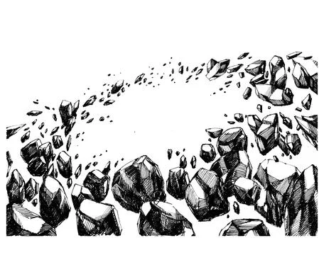 Hand-drawn ink sketch of floating rocks drifting in space Stock Illustration