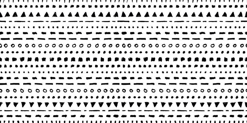 Hand drawn ink vector brushes seamless pattern, ink abstract shapes like tria Stock Illustration