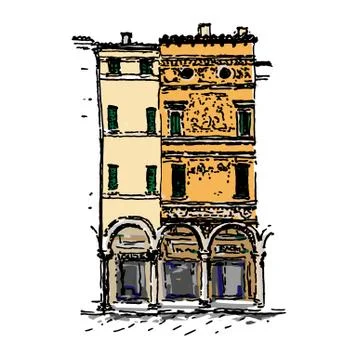Hand-drawn in ink vector colored illustration of Italian house facades Stock Illustration