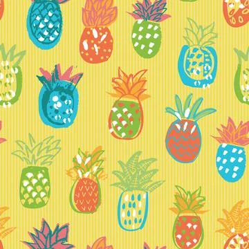 Hand-drawn inky pineapple multicolored summer background seamless vector pattern Illustrazione stock