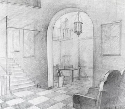 Hand drawn interior of hall with checkered floor Stock Illustration