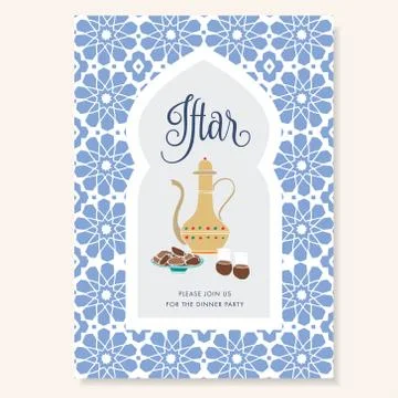 Hand drawn invitation for iftar dinner with teapot, tea cups, date fruit plate Stock Illustration