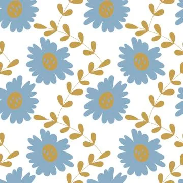 Hand drawn irregular floral vector patterns. Blue abstract flowers and branch Stock Illustration