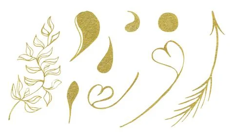 Hand drawn isolated set of illustrations with golden abstract twigs. Gold flo Stock Illustration