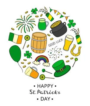 Hand drawn items for Saint patrick s day in circle. Stock Illustration