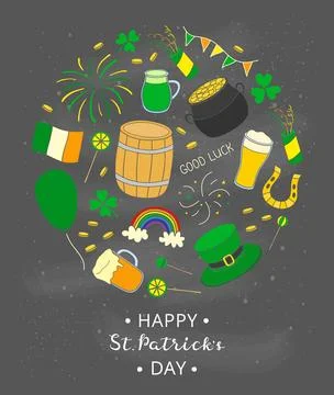Hand drawn items for Saint patrick s day in circle. Illustrazione stock