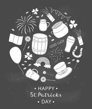 Hand drawn items for Saint patrick s day in circle. Stock Illustration