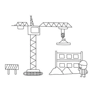 Hand drawn Kids drawing vector Illustration of building construction scene .. Ilustración de archivo