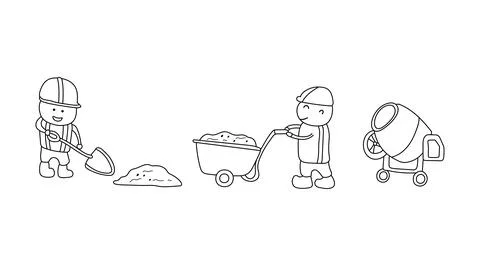 Hand drawn Kids drawing vector Illustration of construction workers prepari.. Stock Illustration
