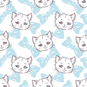 Hand drawn kids seamless pattern featuring cute kittens and blue bows on a white Stock Illustration