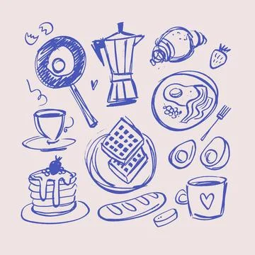 Hand drawn kitchen breakfast doodle set. Blue ink sketch of moka pot, fried egg Stock Illustration