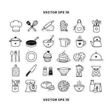 Hand Drawn Kitchen Cooking Utensils Icon Set Stock Illustration
