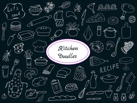 Hand-drawn kitchen doodle set on black background, kitchen utensil Stock Illustration