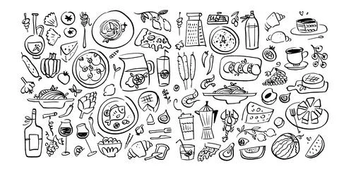 Hand drawn kitchen food and utensils sketch set. Messy table with pizza Stock Illustration