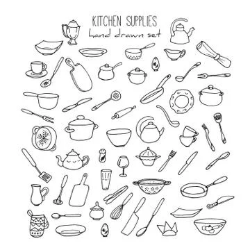 Hand Drawn Kitchen Tools Set. Kitchenware Vector Illustration Stock Illustration