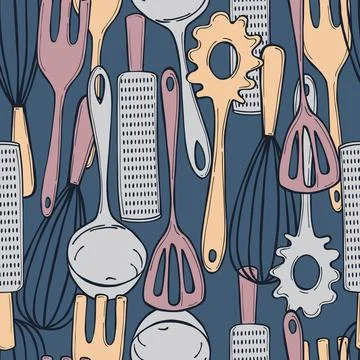 Hand drawn kitchen tools.  Vector  seamless pattern Stock Illustration