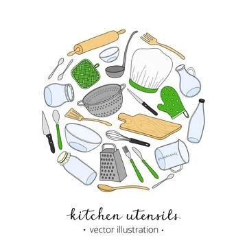 Hand drawn kitchen utensils in circle. Stock Illustration