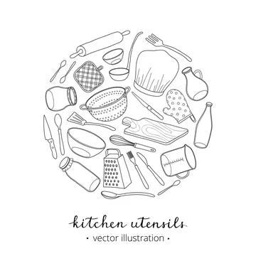 Hand drawn kitchen utensils in circle. Stock Illustration