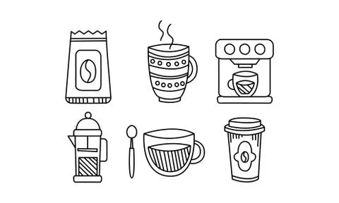 Hand drawn kitchen utensils set, coffee pot, mug, coffee machine, disposable Stock Illustration
