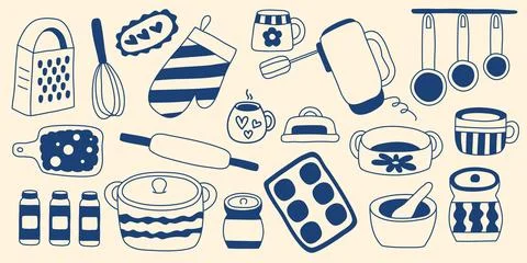 Hand-drawn kitchen utensils set 스톡 일러스트