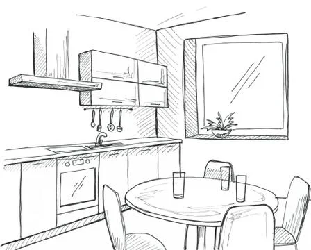 Hand drawn kitchen with a window. Sketch with a pen. Stock Illustration