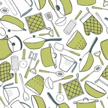 Hand drawn kitchenware. Vector  seamless pattern Stock Illustration