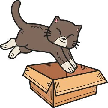 Hand Drawn kitten jumped into the box illustration in doodle style Stock Illustration
