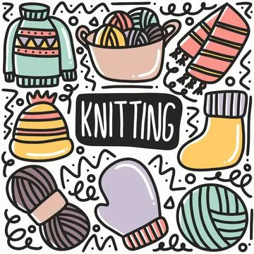 Hand drawn knitting doodle set Stock Illustration