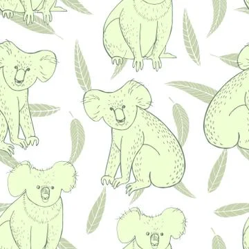 Hand drawn koala and eucalyptus leaves on white background. Stock Illustration