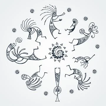 Hand drawn Kokopelli circle. Stylized mythical characters playing flutes. Stock Illustration