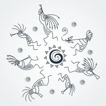 Hand drawn Kokopelli circle. Stylized mythical characters playing flutes. Stock Illustration