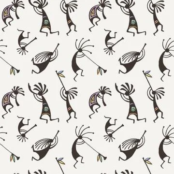 Hand drawn Kokopelli seamless pattern. Stylized mythical characters playing f Stock Illustration