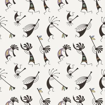 Hand drawn Kokopelli seamless pattern. Stylized mythical characters playing f Stock Illustration