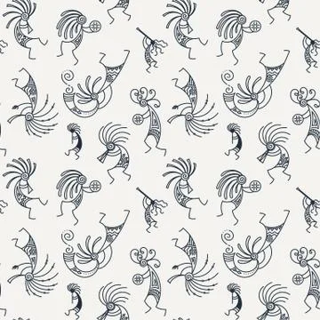 Hand drawn Kokopelli seamless pattern. Stylized mythical characters playing f Stock Illustration