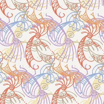 Hand drawn Kokopelli seamless pattern. Stylized mythical characters playing Stock Illustration