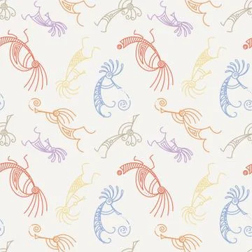 Hand drawn Kokopelli seamless pattern. Stylized mythical characters playing f Stock Illustration
