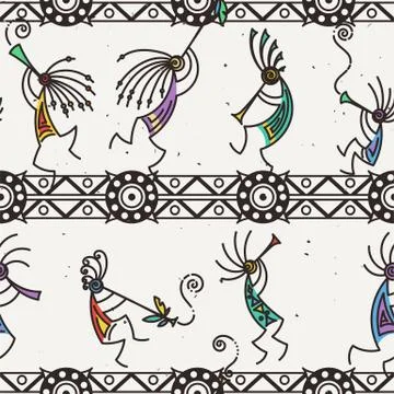 Hand drawn Kokopelli seamless pattern. Stylized mythical characters playing f Stock Illustration